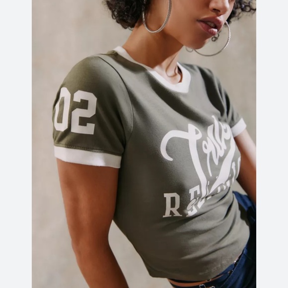 True Religion Tops - True Religion~Olive Green Ringer Sport Baby Tee ~ Size Small